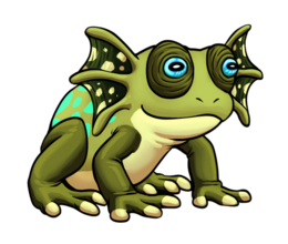 I just wanted a simple, common, rank D froggy Kreature. Its design combines attributes of tree frogs, chameleons and frill-necked lizards.