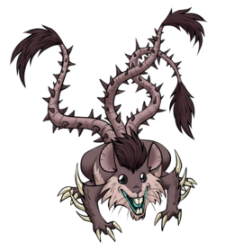 This one dates back to circa 2000 but its original design was a bit plain, basically just being a rat with a mane. I spruced it up a bit with some spikes and multiple tails, loosely-invoking the concept of a rat king.